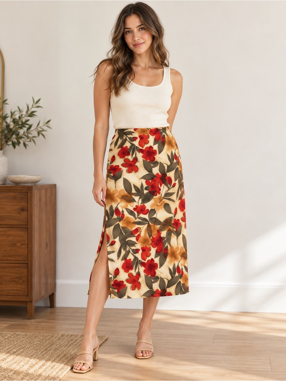 Burke Avenue Floral Midi Skirt – Vintage Style – Side Slit – Estimated L/XL
